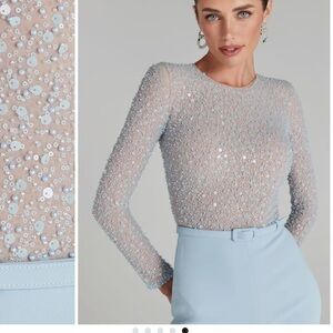 NWT NADINE MERABI Light Blue Sequin Jumpsuit